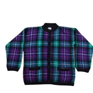 VTG Koret Cardigan Sweater Womens Medium 42 Green Purple Plaid Granny‎ Pockets